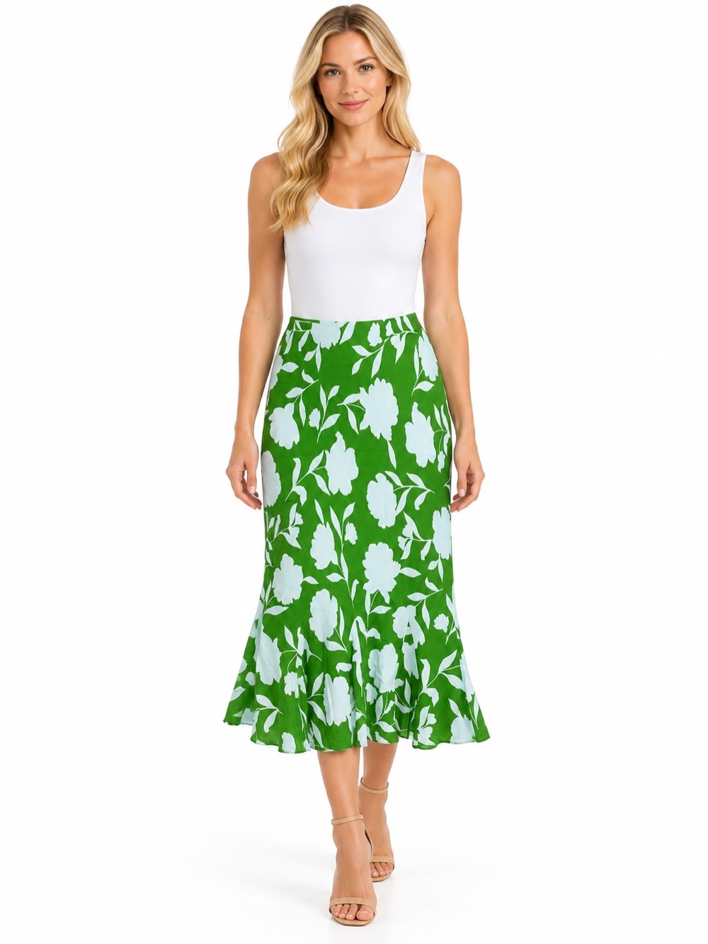 kate spade Linen Size XL Green and Blue Printed Linen-Blend Midi Skirt